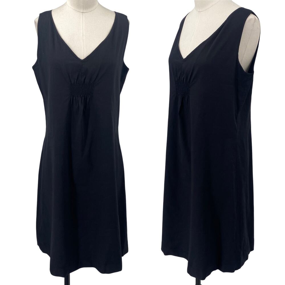 Eileen Fisher Linen Blend Mini Dress A Line Shift V Neck Gathered Bust Black S